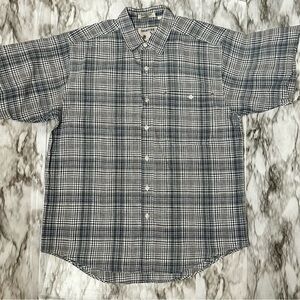 Gray Blue Casual Button Down Oversized Shirt with Plaid Design Linen Blend Retro